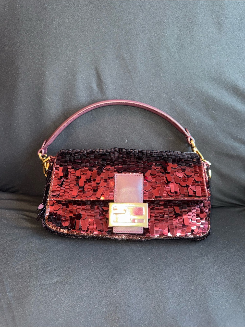 Fendi Burgundy Sequin Shoulder Bag with Gold-Tone Clasp